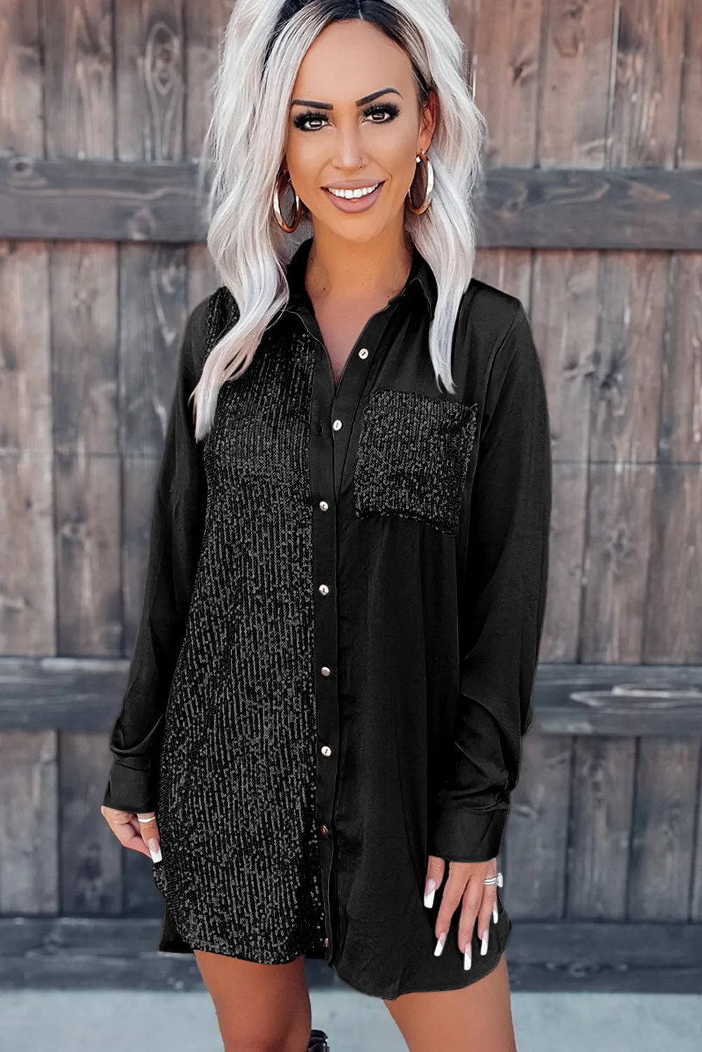 Black Sequin Splicing Pocket Buttoned Shirt Dress - Chic Meadow Boutique 