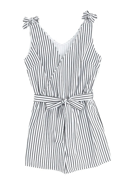 White Striped Print Wrap Sleeveless Romper - Chic Meadow Boutique 