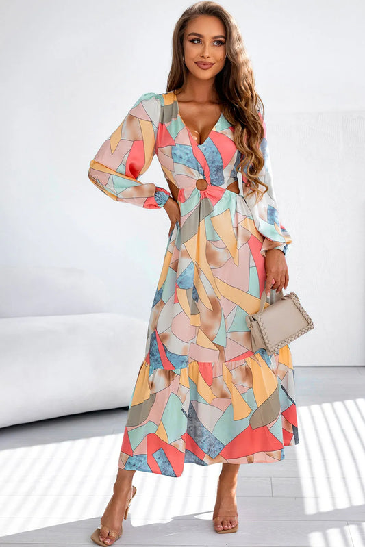 Multicolor Abstract Print O-ring Cut out Long Sleeve Maxi Dress - Chic Meadow Boutique 