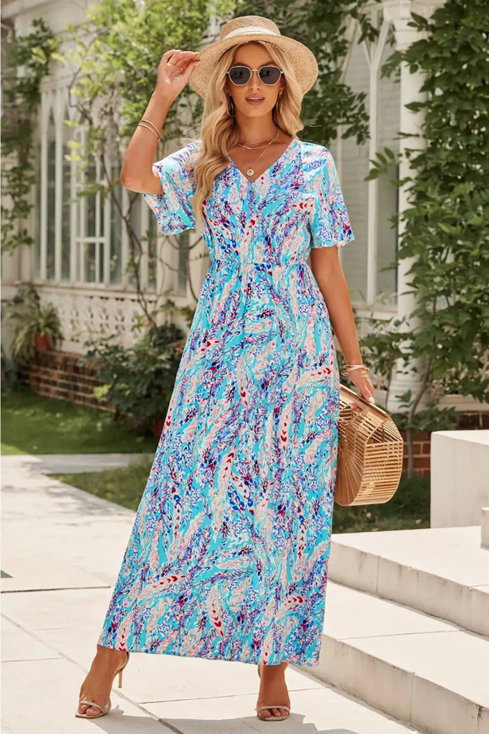 Dresses/Floral Dresses Green Wrap V Neck Floral Maxi Dress