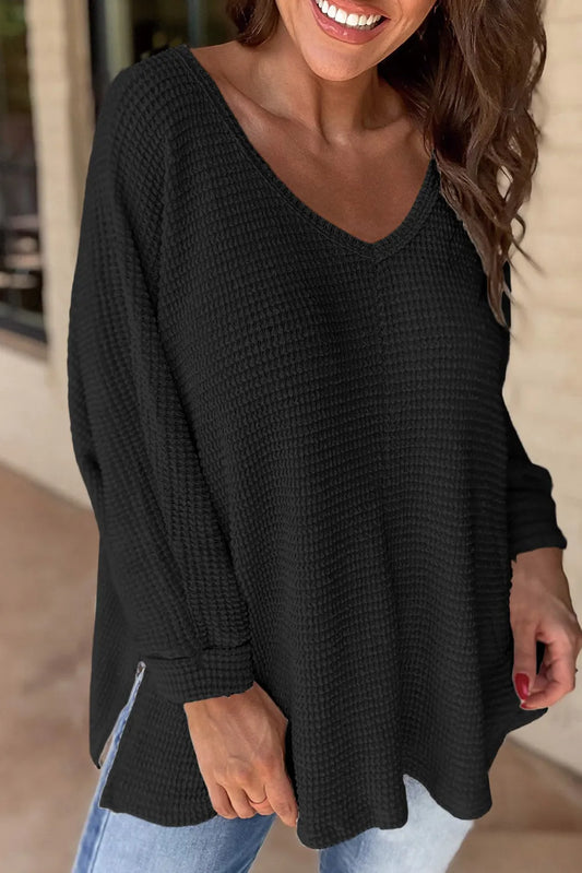 Black Waffle Knit Side Slits Loose Fit V Neck Top - Chic Meadow Boutique 