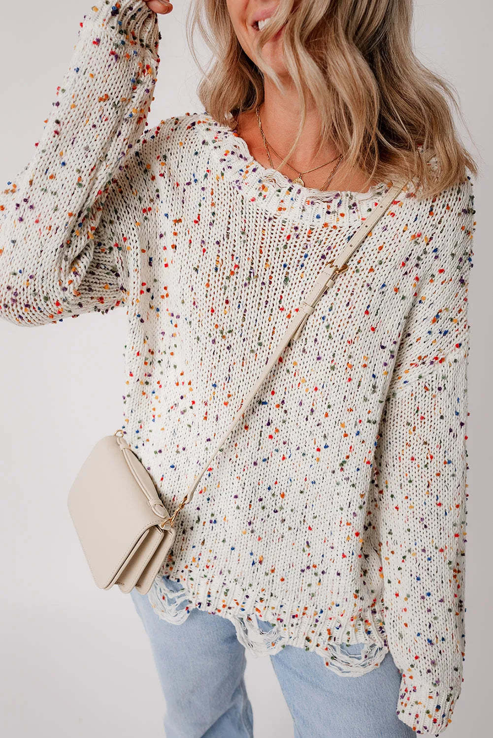 White Colorful Confetti Distressed Knit Sweater - Chic Meadow Boutique 