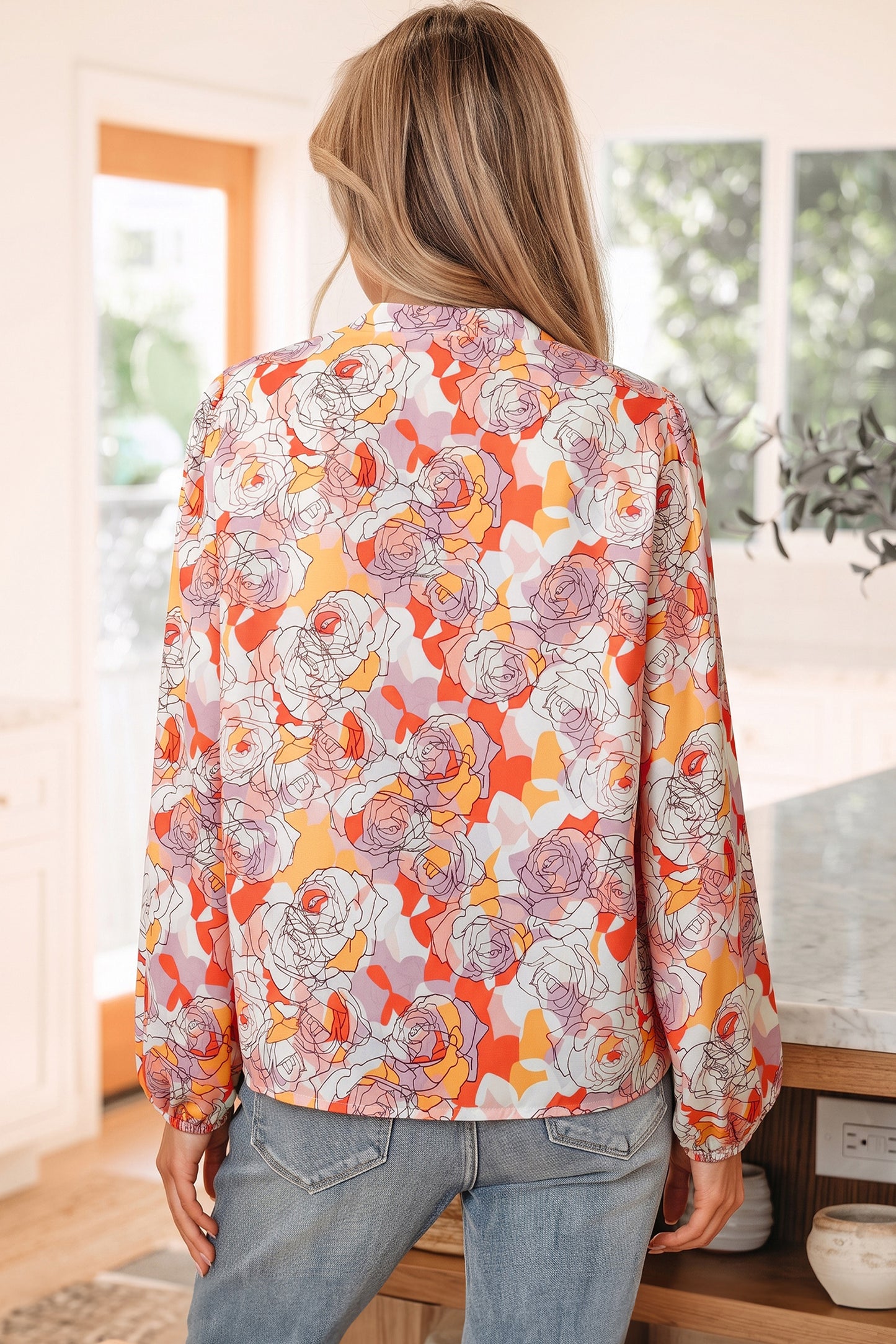 Pink Floral Print V Neck Long Sleeve Shift Blouse