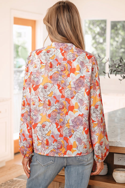 Pink Floral Print V Neck Long Sleeve Shift Blouse