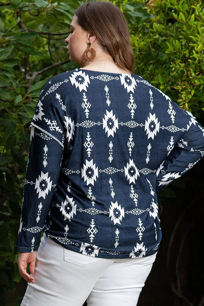 Plus Size/Plus Size Tops/Plus Size Long Sleeve Tops Gray Plus Size Aztec Print Exposed Seam Top