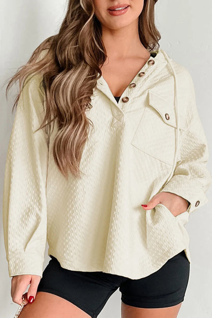 Apricot Textured Buttoned Neckline Side Pockets Hoodie - Chic Meadow Boutique 