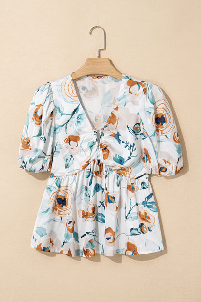 Green Floral Print Puff Sleeve V Neck Babydoll Blouse
