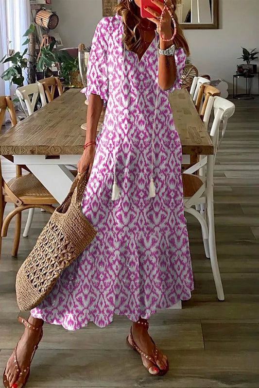 Pink V Neck Casual Geometric Print Maxi Dress - Chic Meadow Boutique 