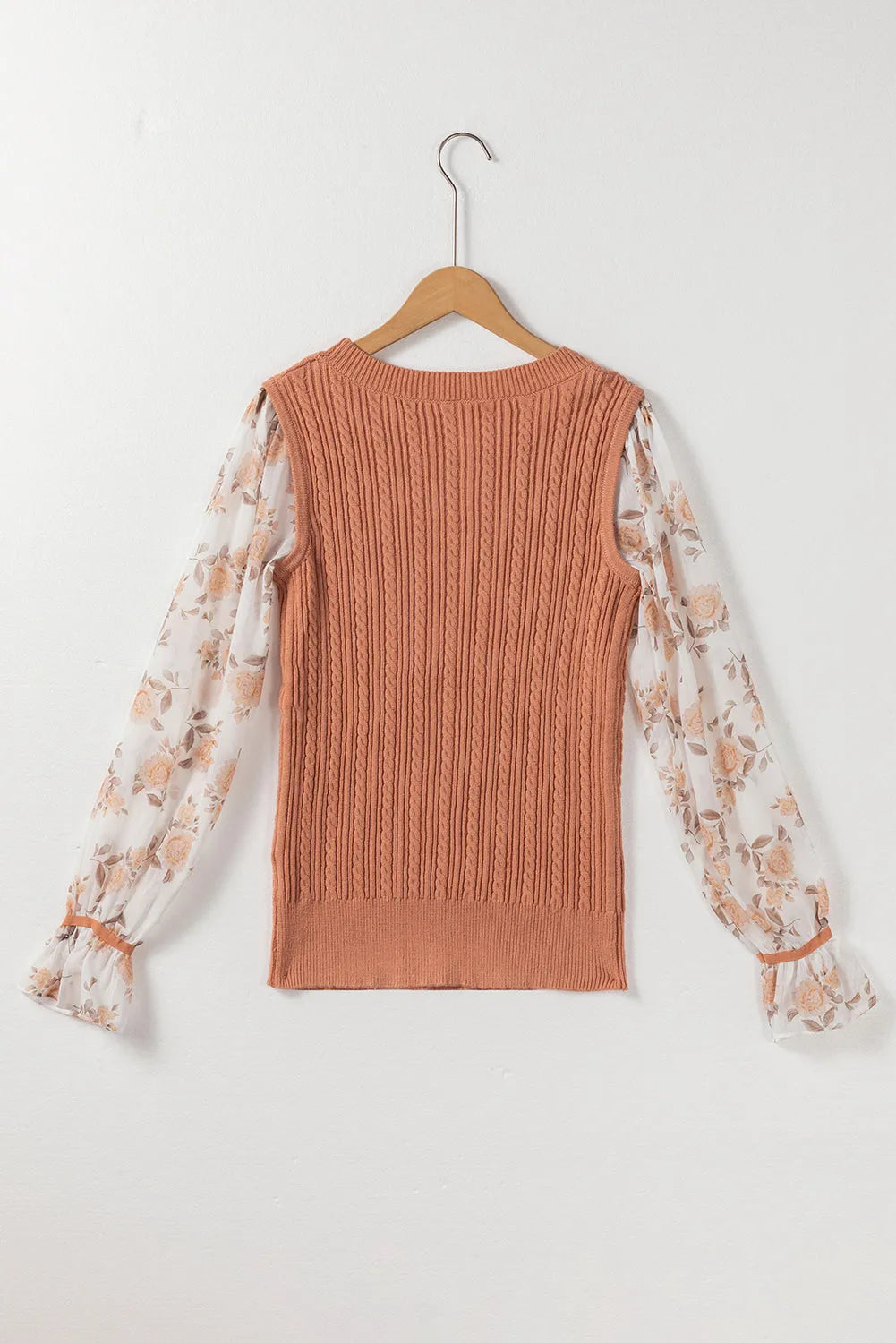 Golden Floral Patchwork Ruffled Cuff Cable Knit Sweater - Chic Meadow Boutique 