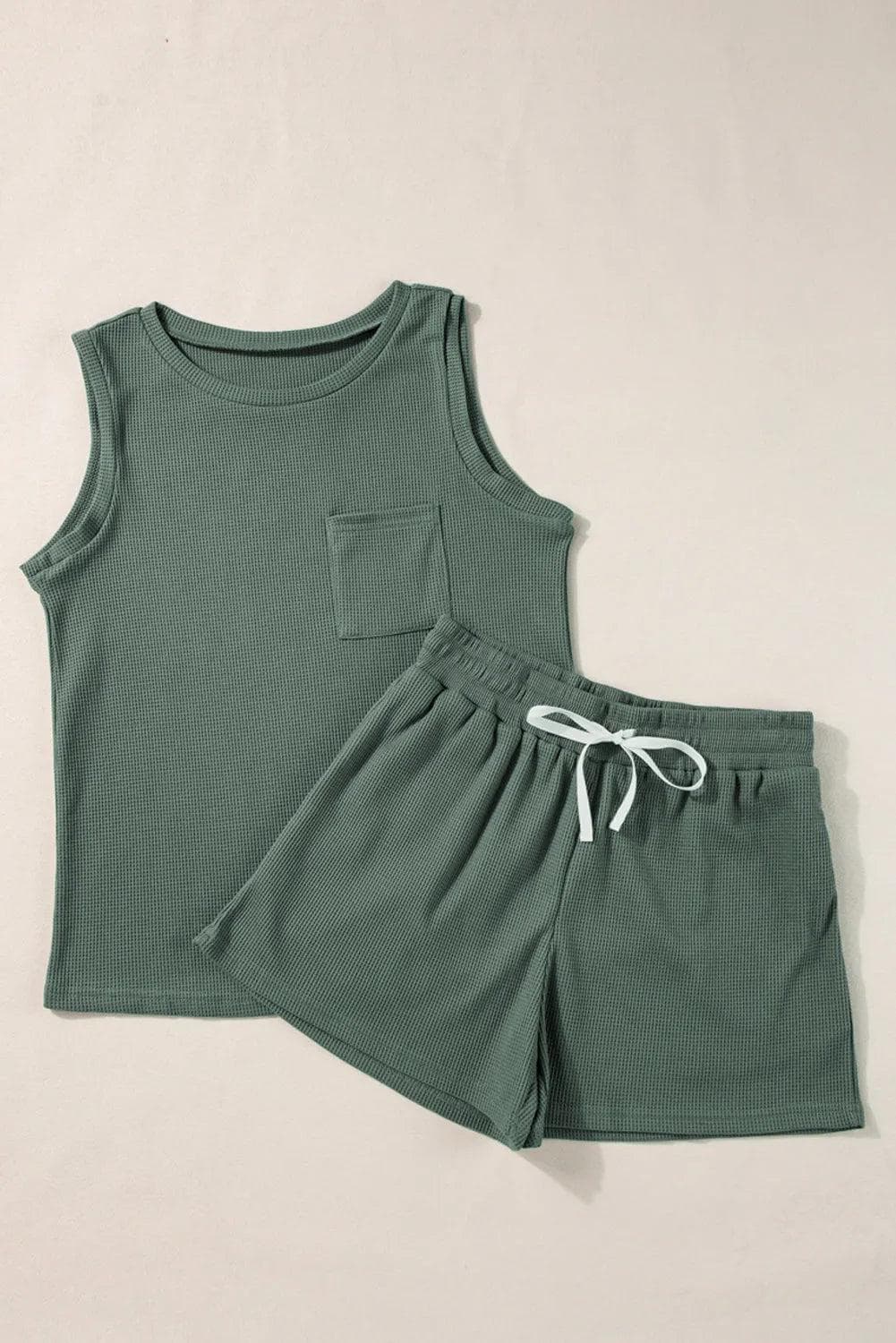 Two Piece Sets/Short Sets Mist Green Waffle Knit Patched Pocket Tank and Drawstring Shorts Set