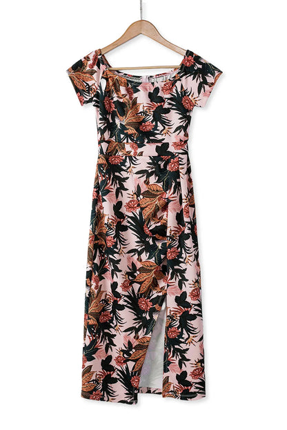 Pink Pattern Print Off Shoulder Slit Bodycon Midi Dress - Chic Meadow Boutique 