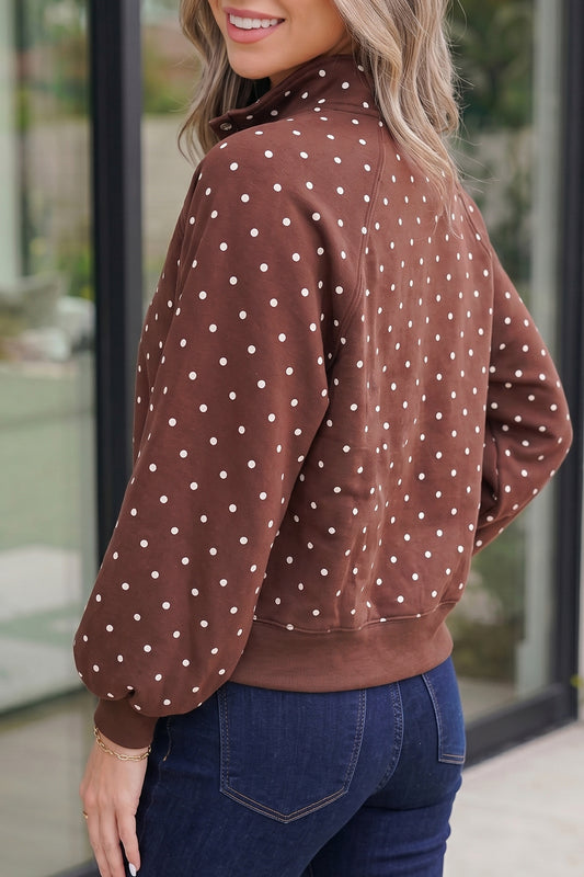 Brown Polka Dot Print Metal Button Collar Casual Pullover Sweatshirt