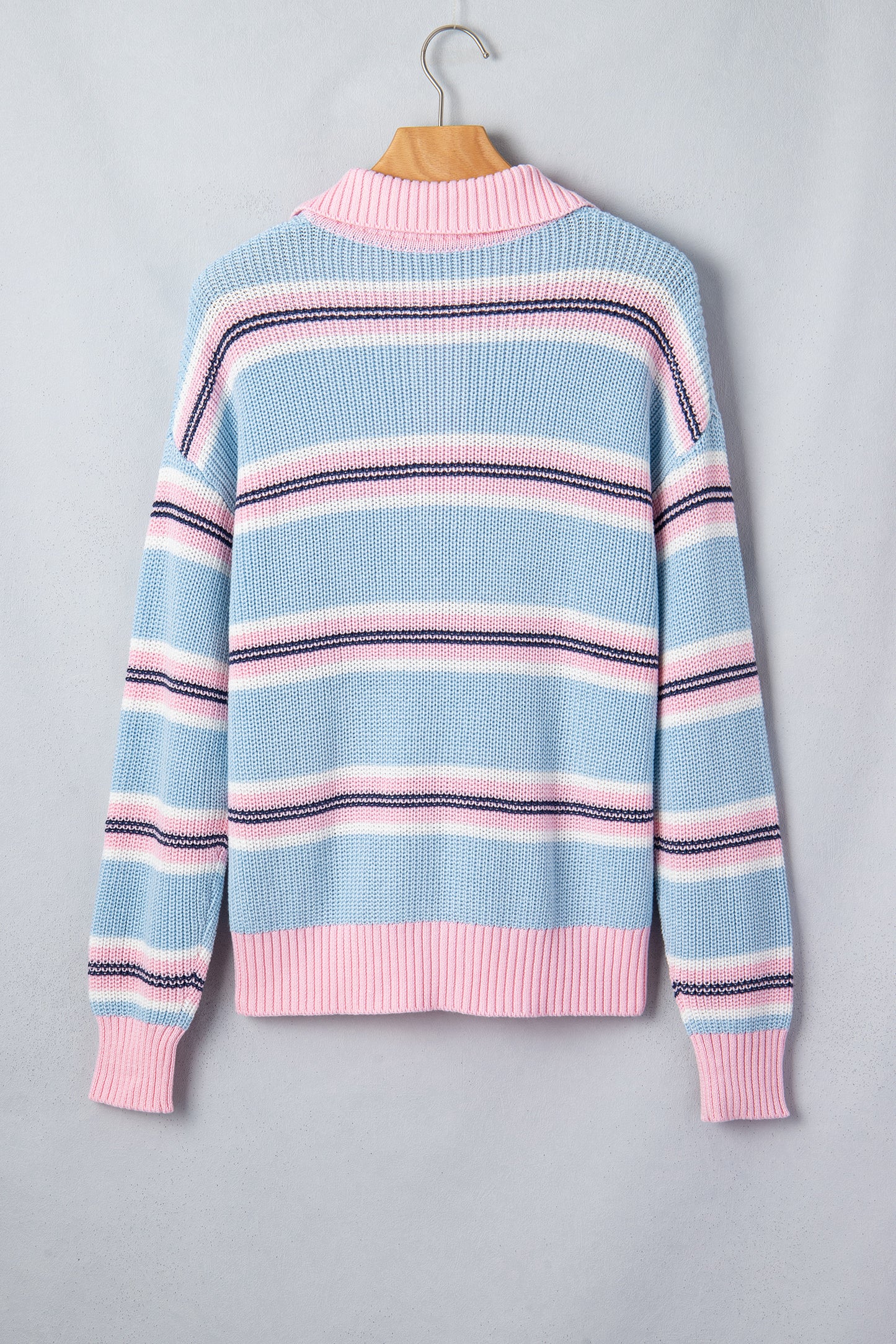 Sky Blue Stripe Striped Button Collar Long Sleeve Shift Fit Winter Knitwear Sweater