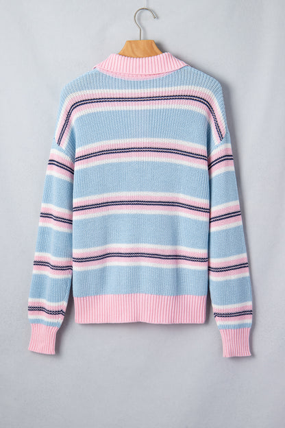 Sky Blue Stripe Striped Button Collar Long Sleeve Shift Fit Winter Knitwear Sweater
