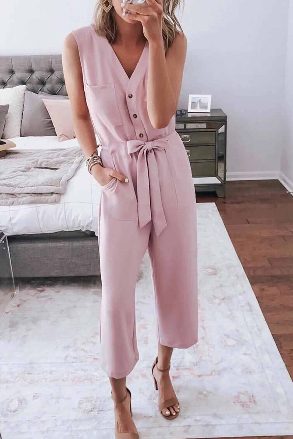 Pink Buttoned Sleeveless Cropped Jumpsuit with Sash - Chic Meadow Boutique 