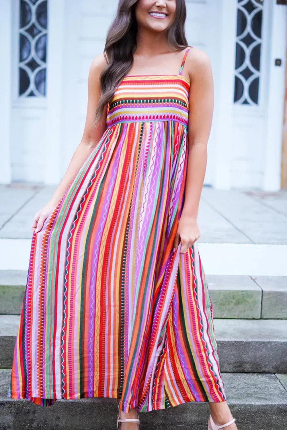 Dresses/Maxi Dresses Multicolour Striped Thin Straps Smocked Back Boho Maxi Dress