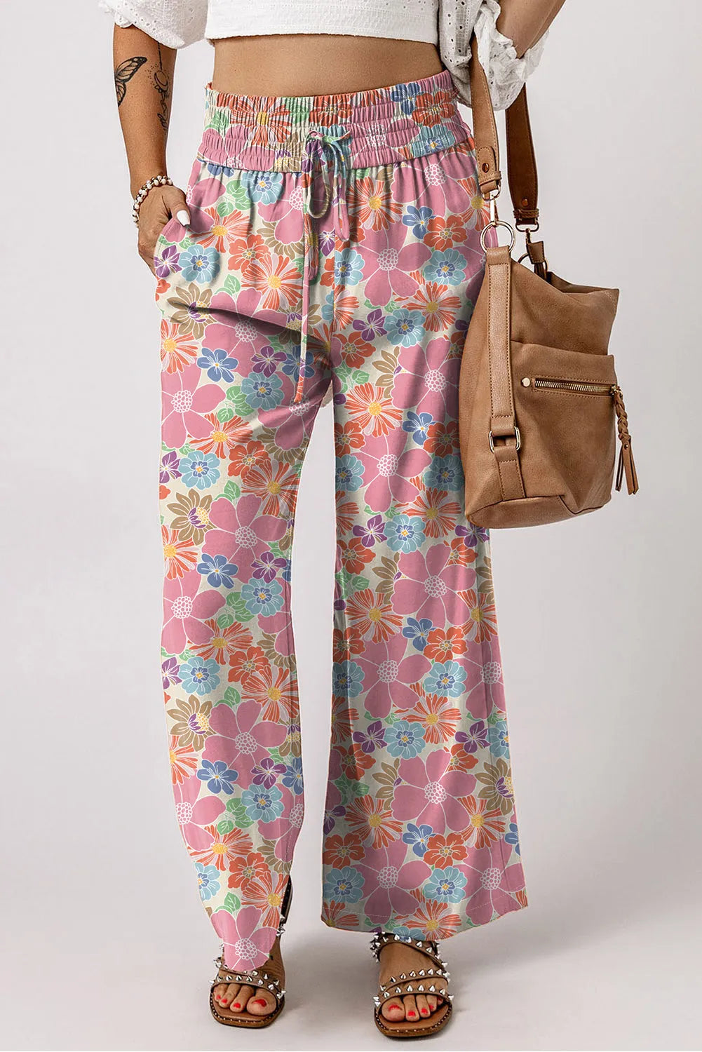 Pink Floral Smocked Waist Loose Pants - Chic Meadow Boutique 