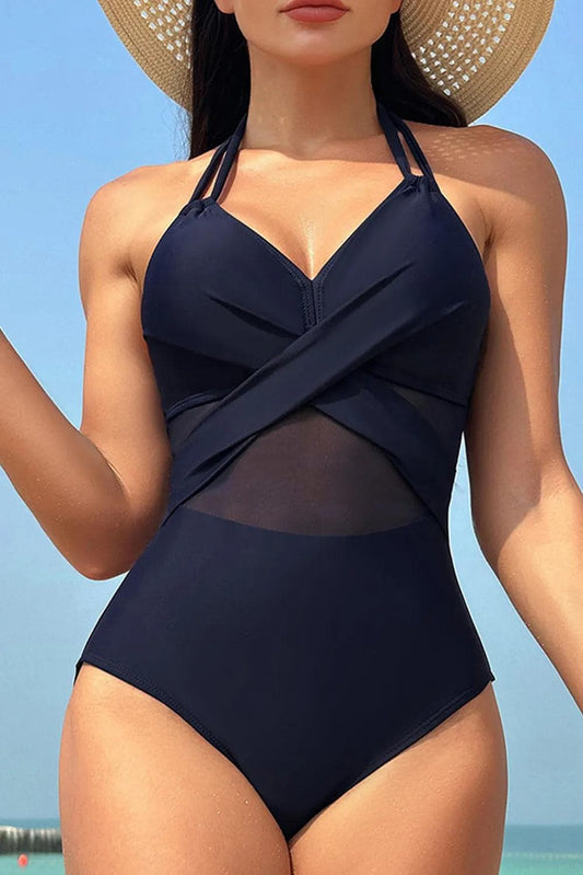 Swimwear/One Piece Swimsuit Navy Blue / S / 80%nylon+20%spandex Navy Blue Halter Mesh Insert Cross Front One-Piece Swimsuit