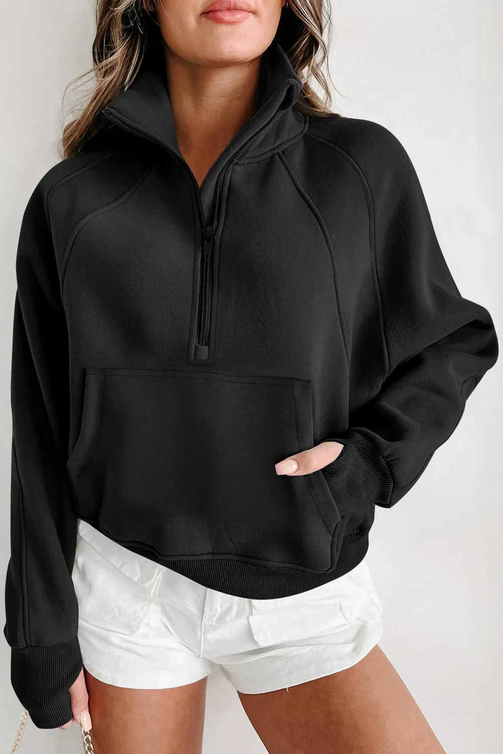 Black Quarter Zip Stand Neck Kangaroo Pocket Sweatshirt - Chic Meadow Boutique 