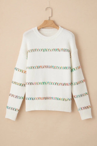 White Colorful Crossed Stitch Drop Shoulder Sweater - Chic Meadow Boutique 