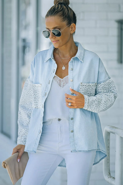 Sky Blue Contrast Leopard Denim Jacket - Chic Meadow Boutique 