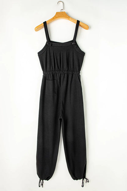 Black Knotted Straps Button Textured Drawstring Jumpsuit - Chic Meadow Boutique 