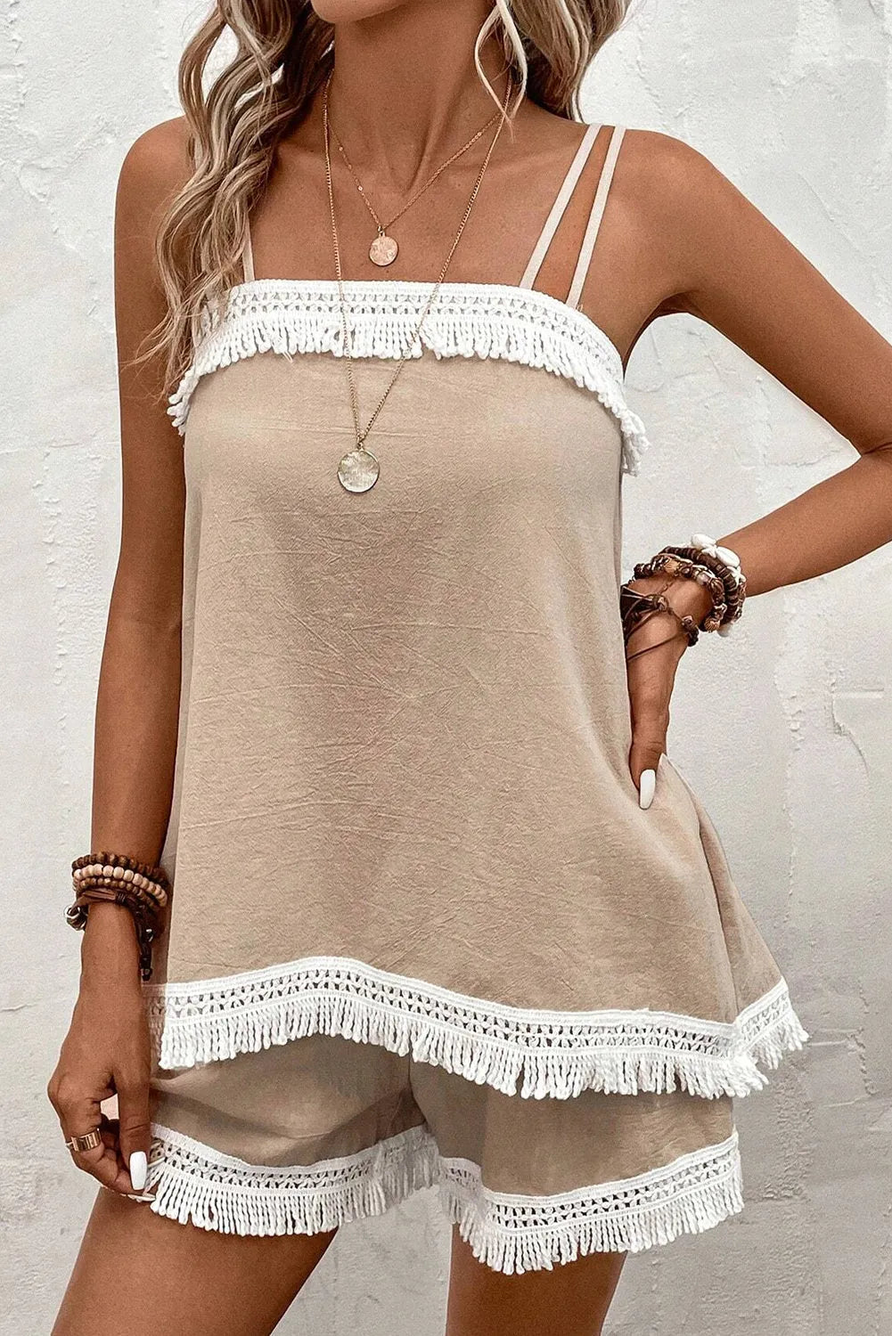 Pale Khaki Fringe Crochet Double Strap Tank Top and Shorts Set - Chic Meadow Boutique 