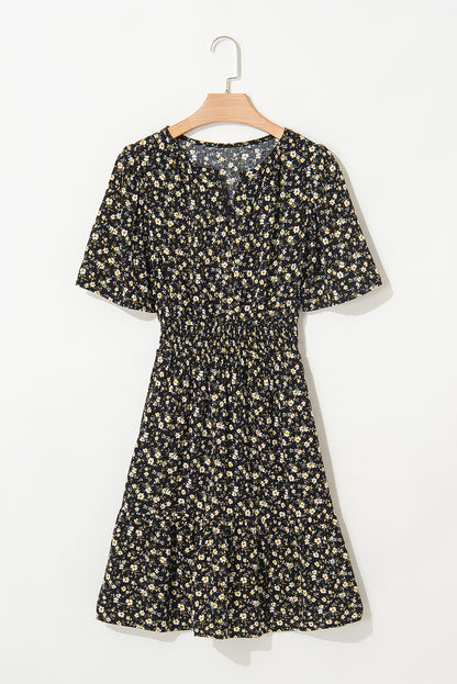 Black Floral Print Wrap V Neck Short Sleeve High Waistband Mini Dress
