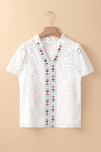 White Geometric Embroidery Hollow Out Blouse - Chic Meadow Boutique 