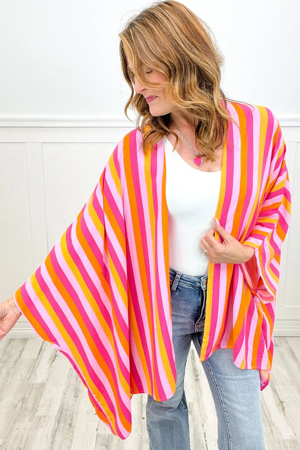 Rose Stripe Wide Sleeve Open Front Kimono - Chic Meadow Boutique 