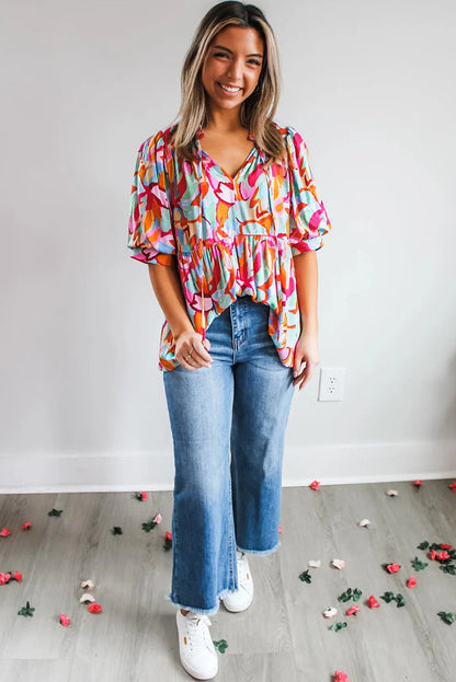 Rose Red Abstract Print Drawstring V Neck Half Sleeve Blouse - Chic Meadow Boutique 