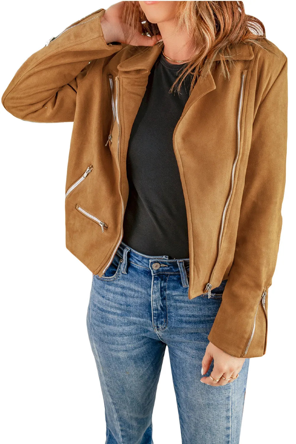 Brown Zipped Notch Collar Short Jacket - Chic Meadow Boutique 