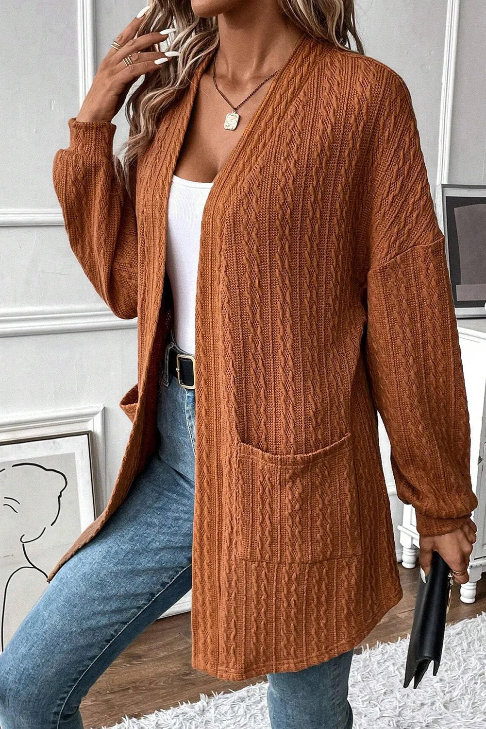 Chestnut Textured Knit Side Pockets Open Front Cardigan - Chic Meadow Boutique 