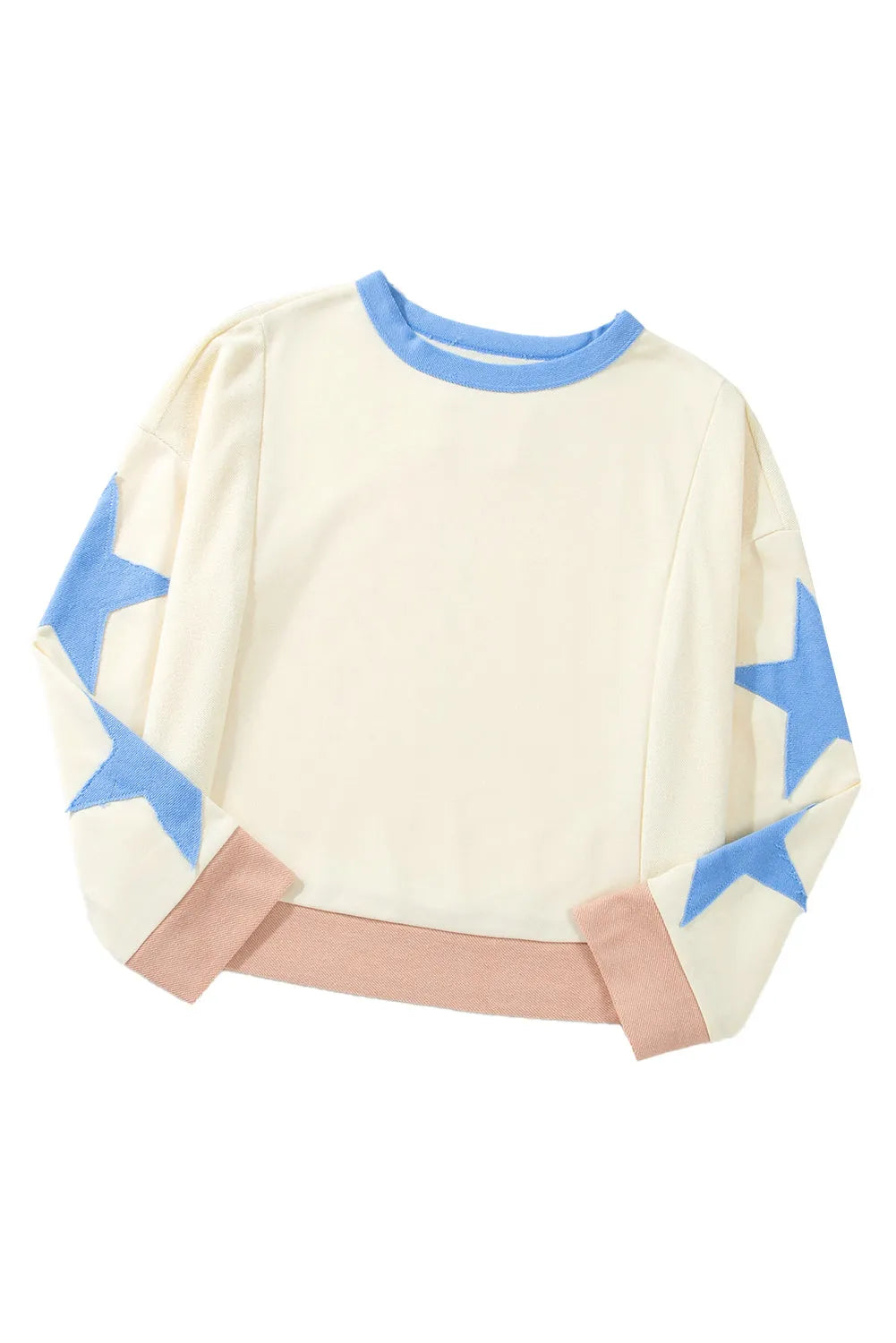 Beige Star Patchwork Exposed Seam Oversized Sweatshirt - Chic Meadow Boutique 