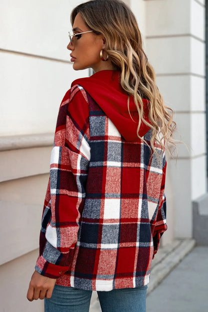 Fiery Red Hooded Plaid Button Front Shacket - Chic Meadow Boutique 