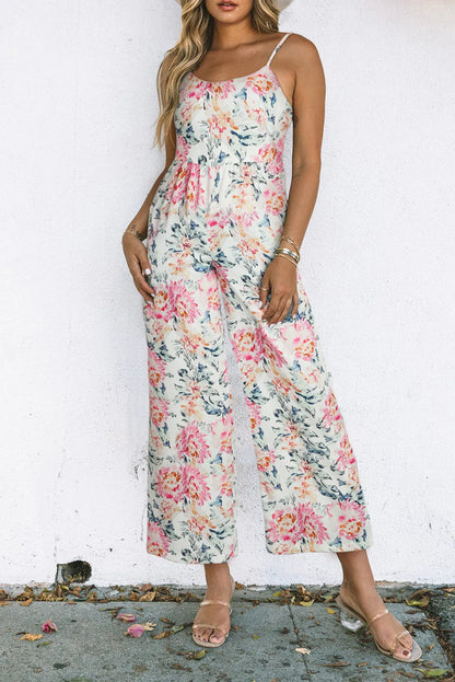 White Floral Spaghetti Straps Wide Leg Jumpsuit - Chic Meadow Boutique 