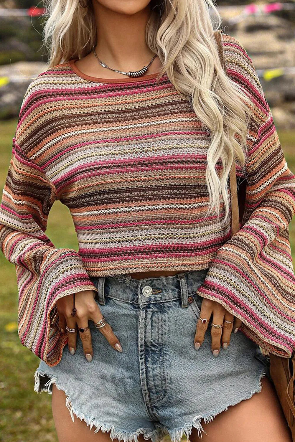 Rose Red Ethnic Striped Wide Cropped Long Sleeve Top - Chic Meadow Boutique 