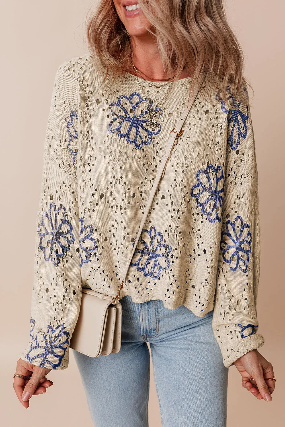 Beige Contrast Flower Print Eyelet Drop Shoulder Sweater - Chic Meadow Boutique 