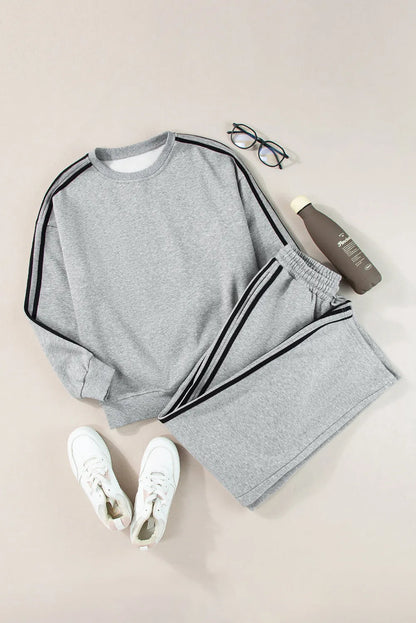 Light Grey Solid Color Side Striped Sweatshirt Active Set - Chic Meadow Boutique 