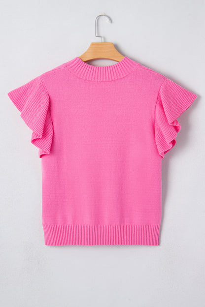 Sachet Pink Solid Color Ribbed Trim Round Neck Ruffle Short Sleeve Sweater