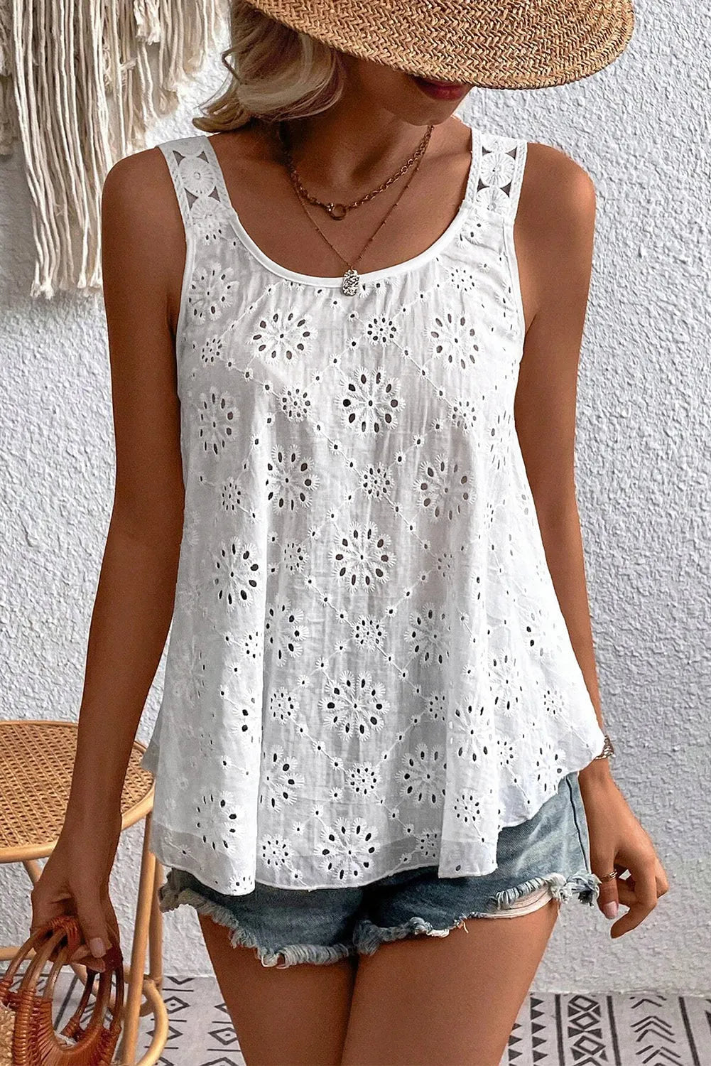 White Eyelet Embroidery Tank Top - Chic Meadow Boutique 