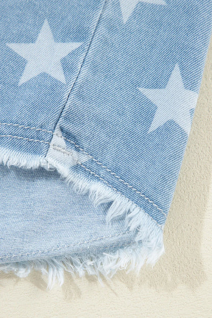 Sky Blue Star Print Light Wash Raw Hem Denim Jacket - Chic Meadow Boutique 