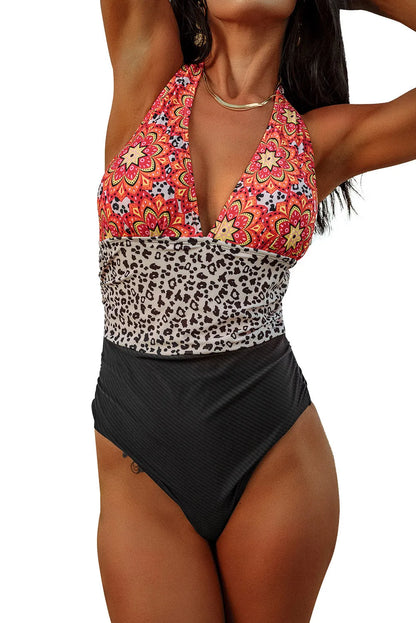 Retro Floral Leopard Stripes Deep V Neck One-piece Swimwear - Chic Meadow Boutique 