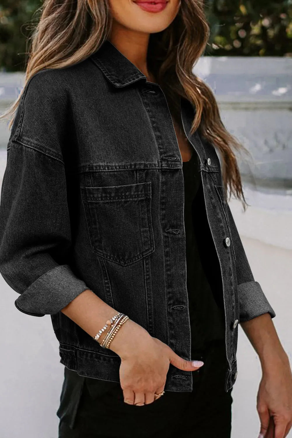 Black Washed Oversize Pocketed Denim Jacket - Chic Meadow Boutique 