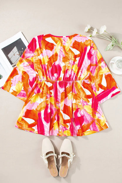 Orange Abstract Print 3/4 Sleeve V Neck Ruffled Babydoll Blouse - Chic Meadow Boutique 