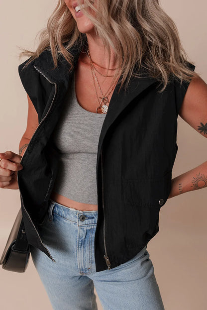 Black Flap Pockets Zip Up High Neck Vest - Chic Meadow Boutique 