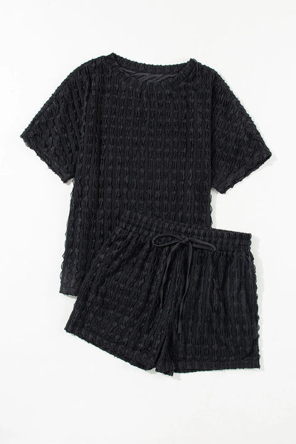 Black Frill Textured Short Sleeve Top and Drawstring Shorts Set - Chic Meadow Boutique 