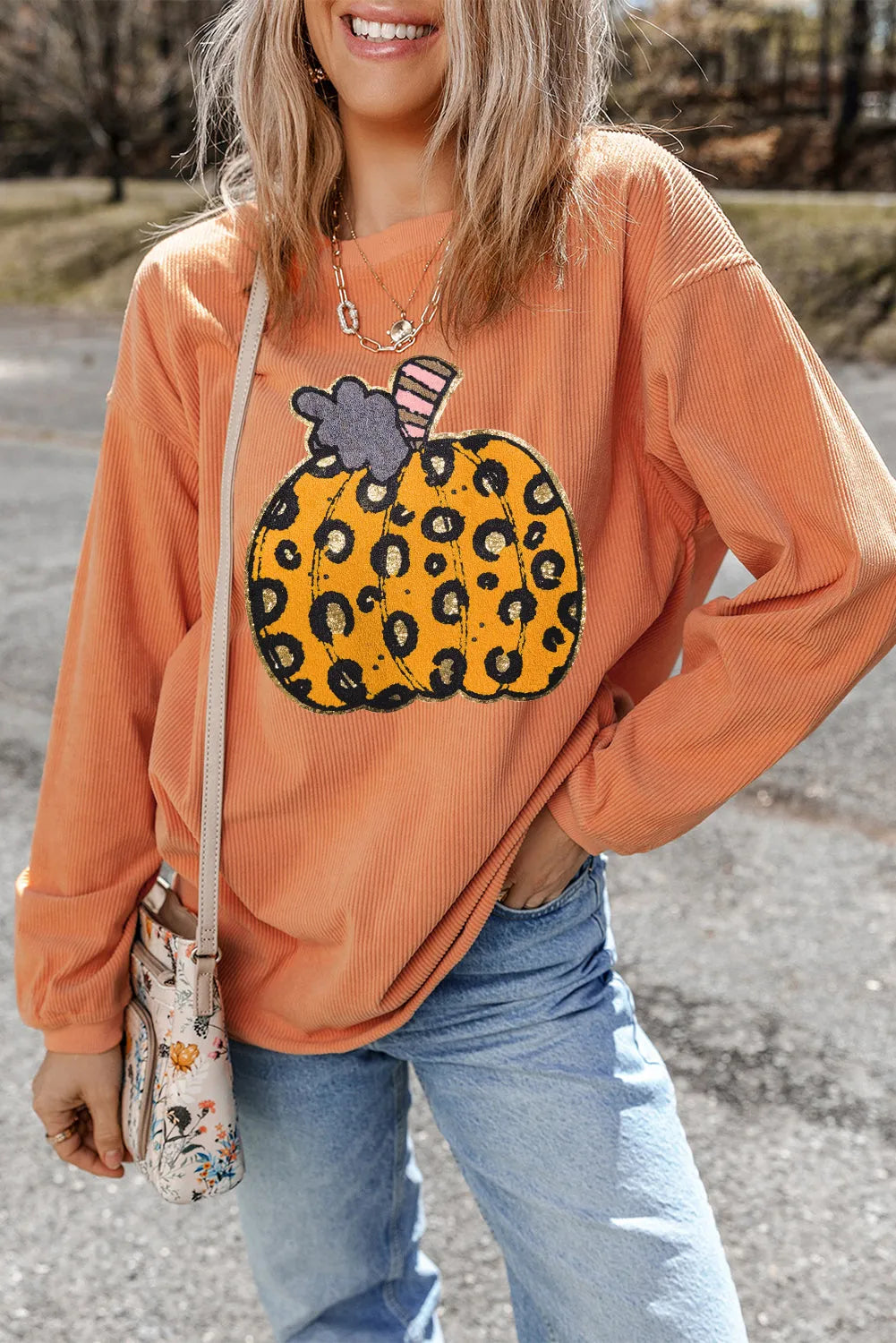 Orange Halloween Leopard Pumpkin Patchwork Ribbed Sweatshirt - Chic Meadow Boutique 