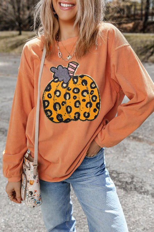 Orange Halloween Leopard Pumpkin Patchwork Ribbed Sweatshirt - Chic Meadow Boutique 