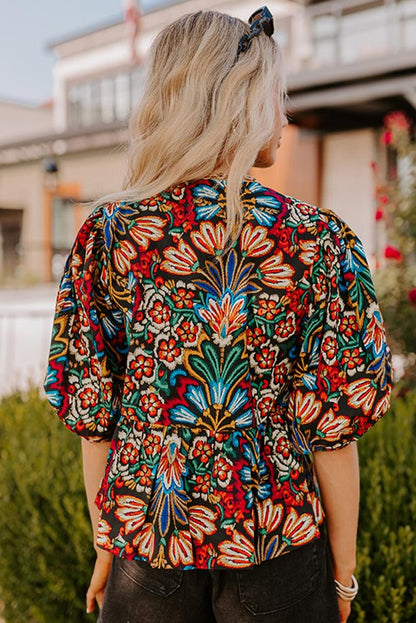 Black Tropical Print Bubble Sleeve Knot Front Blouse